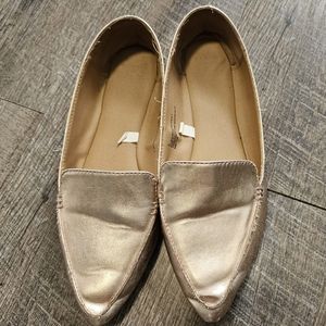 Metallic rose gold pointy toed flat loafers